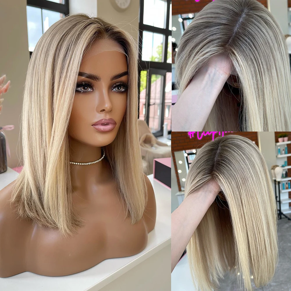 

Roots Bob Wig Glueless Lace Front Human Hair Wigs Ash Blonde HD 13x4 Lace Frontal Wig Virgin Hair Short Silky Straight Wig 150%