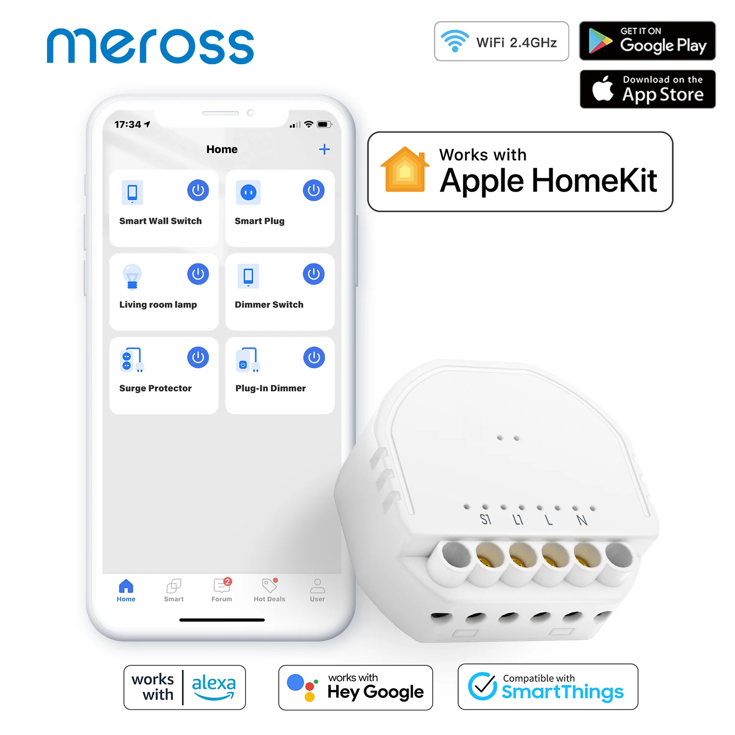 Meross-Módulo de interruptor inteligente HomeKit con WiFi, interruptor de luz para manualidades, funciona con Apple HomeKit,Siri,Alexa, asistente de Google, SmartThings