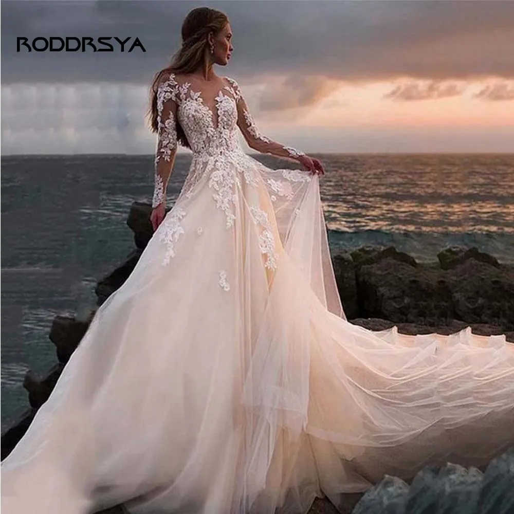 

RODDRSYA Lace Appliqued Bridal Gown For Women Illusion Long Sleeves Beach Wedding Dress 2022 Vestidos De Novia Bride Robe