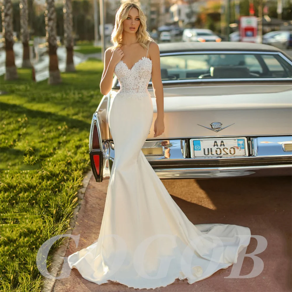 

GOGOB Sexy Sweetheart Lace Wedding Dress R028 Mermaid Backless Beach Spaghetti Straps Bride Gown Applique Floor-Length Boho