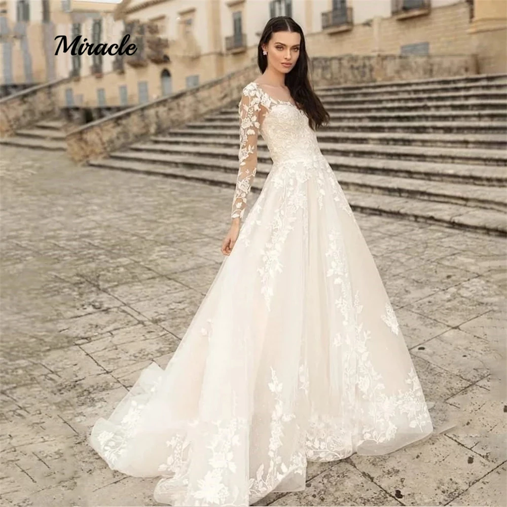 

Elegant A-Line O-Neck Wedding Dresses 2022 Lace-Up Boho Bridal Gowns Long Sleeves Bride Robes Sexy Backless Vestidos De Novia