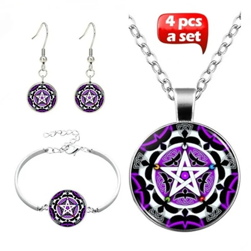 

Voodo Magic Pentagram Glass Necklace and Earrings and bracelet set (total of 4 pieces) Women's jewelry