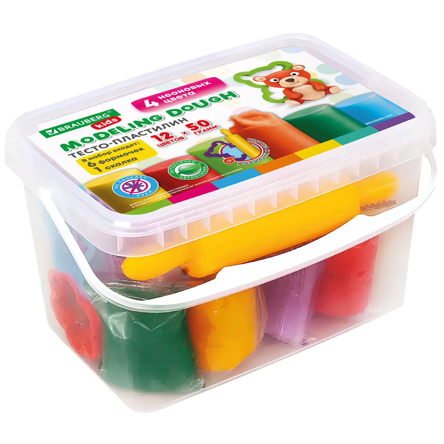 Пластилин-тесто для лепки BRAUBERG KIDS, 12 цветов., 600 г, 6 формочек, 1 скалка, ведерко, 106721