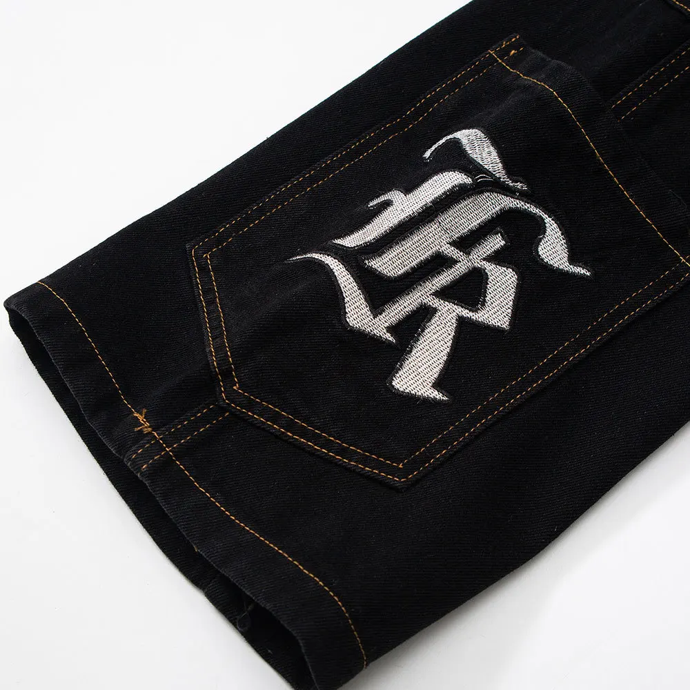 Retro Gothic Letter Embroidery Pockets Washed Jeans Pants Men Women Ripped Straight Oversized Casual Denim Trousers Streetwear