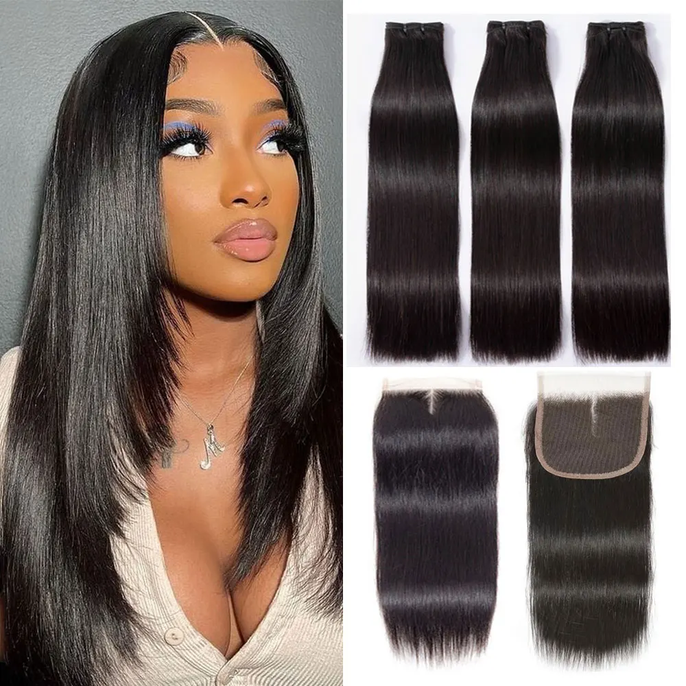 

20A Middle T Part Brazilian Virgin Human Hair Bundles with Closure Straight Hair Bundles with Lace Closure Straight Human Hair