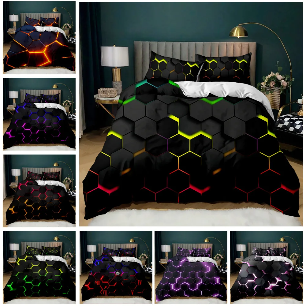 

Geometric Duvet Cover Set Multicolor Honeycomb Hexagon Bedding Set Geometric Theme Metal Texture Streamline Design Qulit Cover