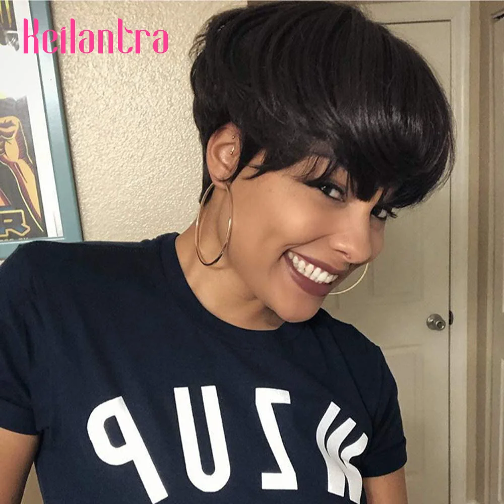 Short Bob Pixie Cut Straight Human Hair Wigs For Black Women Brazilian Remy Full Machine Made Wigs With Bangs Cheap Glueless Wig