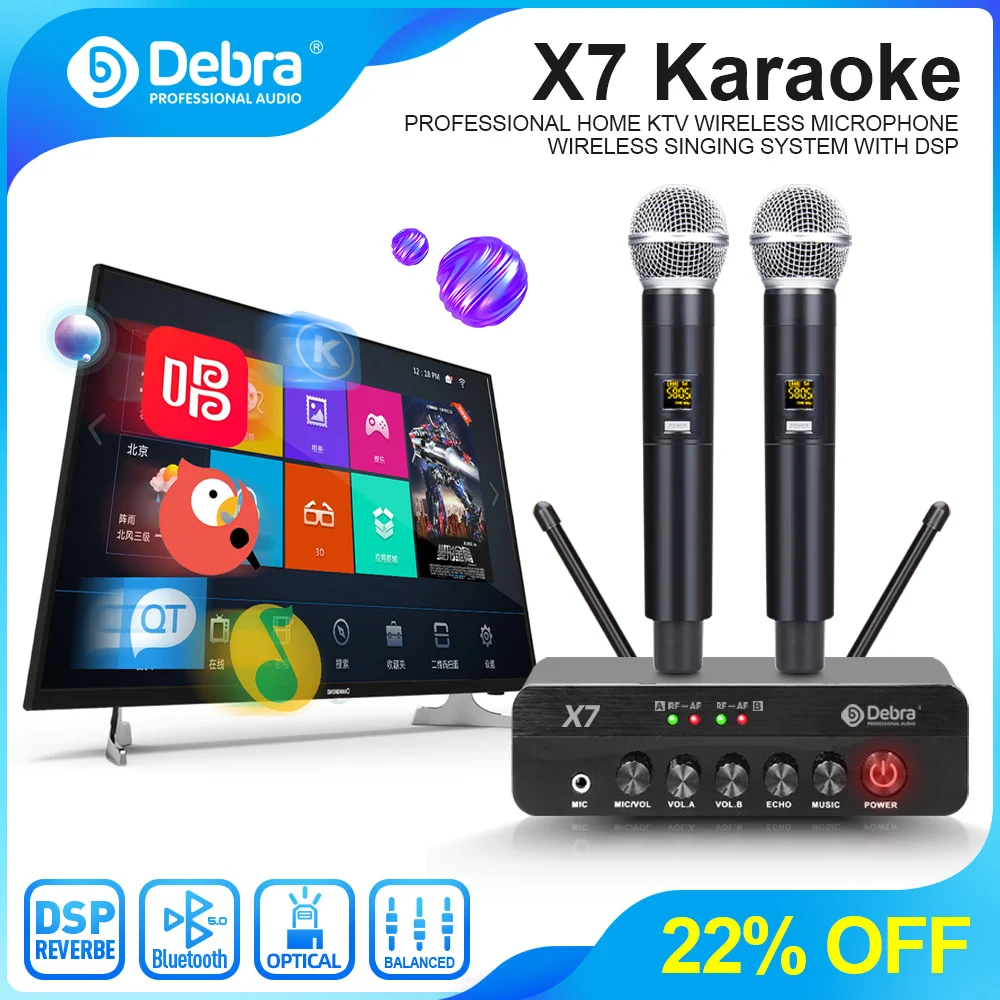 Debra X7-Sistema de micrófono inalámbrico portátil Dual, Bluetooth 5,0, reverberación DSP, PARA Karaoke familiar, fiestas e Iglesia
