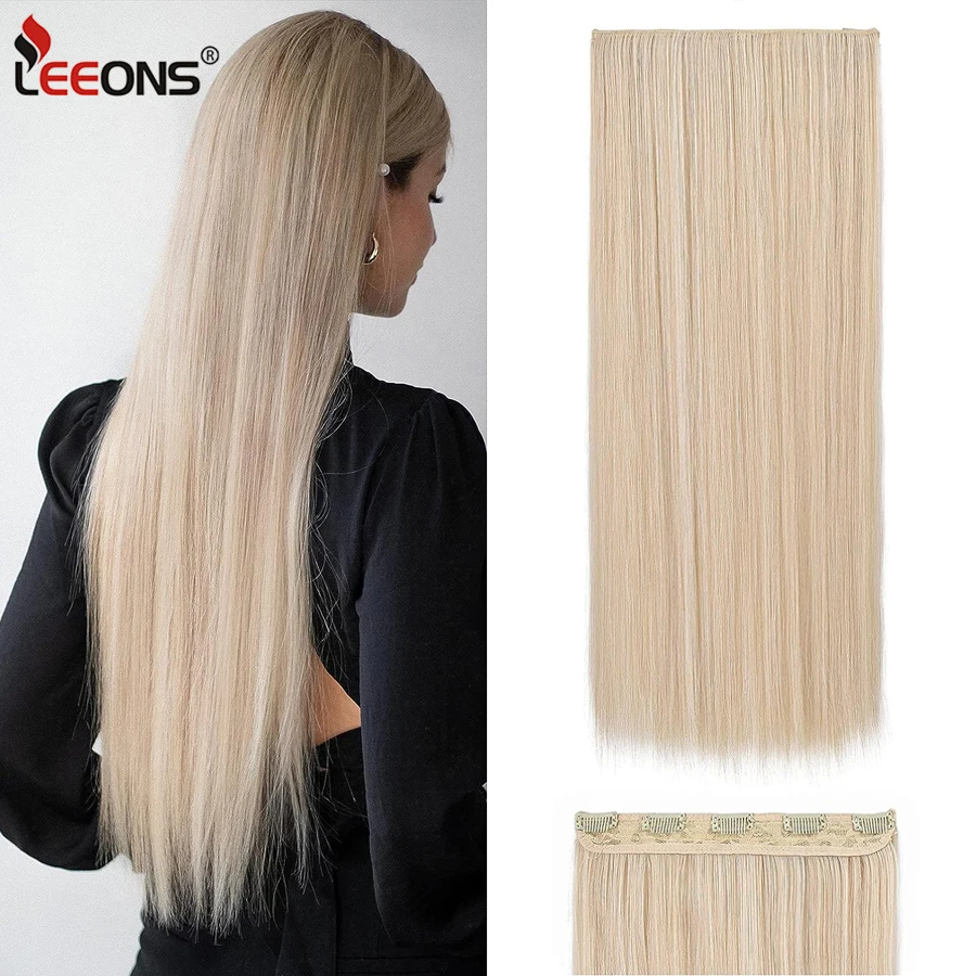

Leeons Synthetic Clip-In One Piece Long Straight Hairstyles 5 Clip In Hair Extension 22" Heat Resistant Hairpieces Brown Black