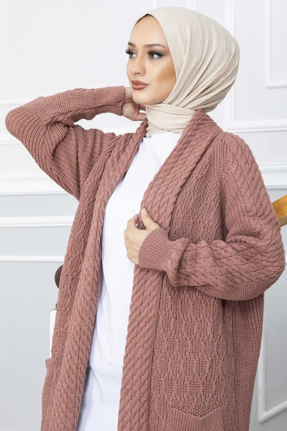 Women Clothing Shawl Collar Hair Knitted Knitwear Hijab Cardigan Abaya New Long Buttonless Sleeve Autumn Vintage Jacket Loose