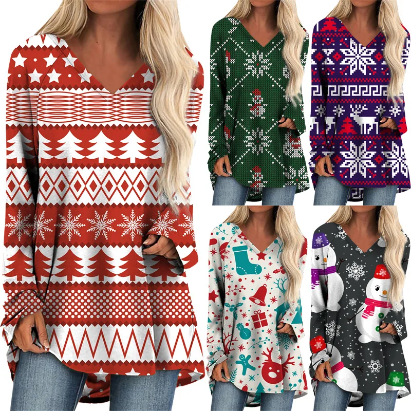 

Модные рождественские тематические женские футболки, милый пуловер с 3D принтом и V-образным вырезом и длинным рукавом, топы, праздничная уличная одежда, свободная блузка