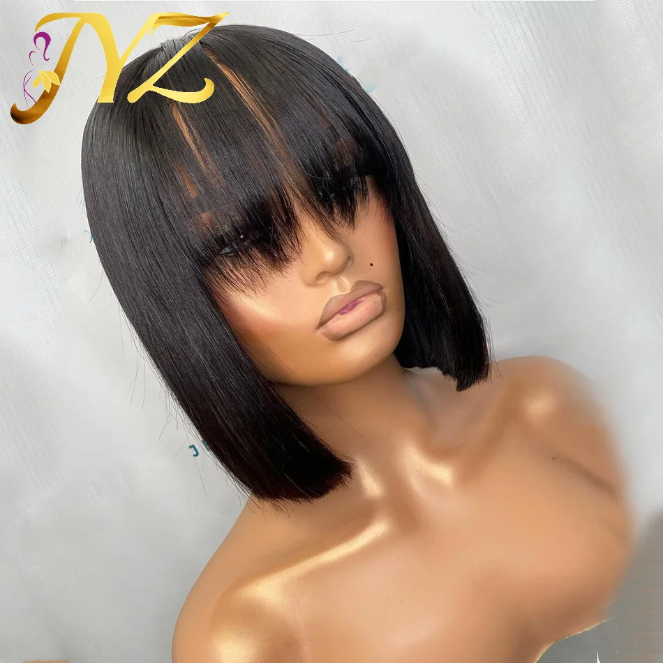 

Short Straight Bob Wig With Bangs 13x4 Lace Front Human Hair Wig For Woman Remy Brazilian Pre-Plucked Bleached Natural Baby Hair