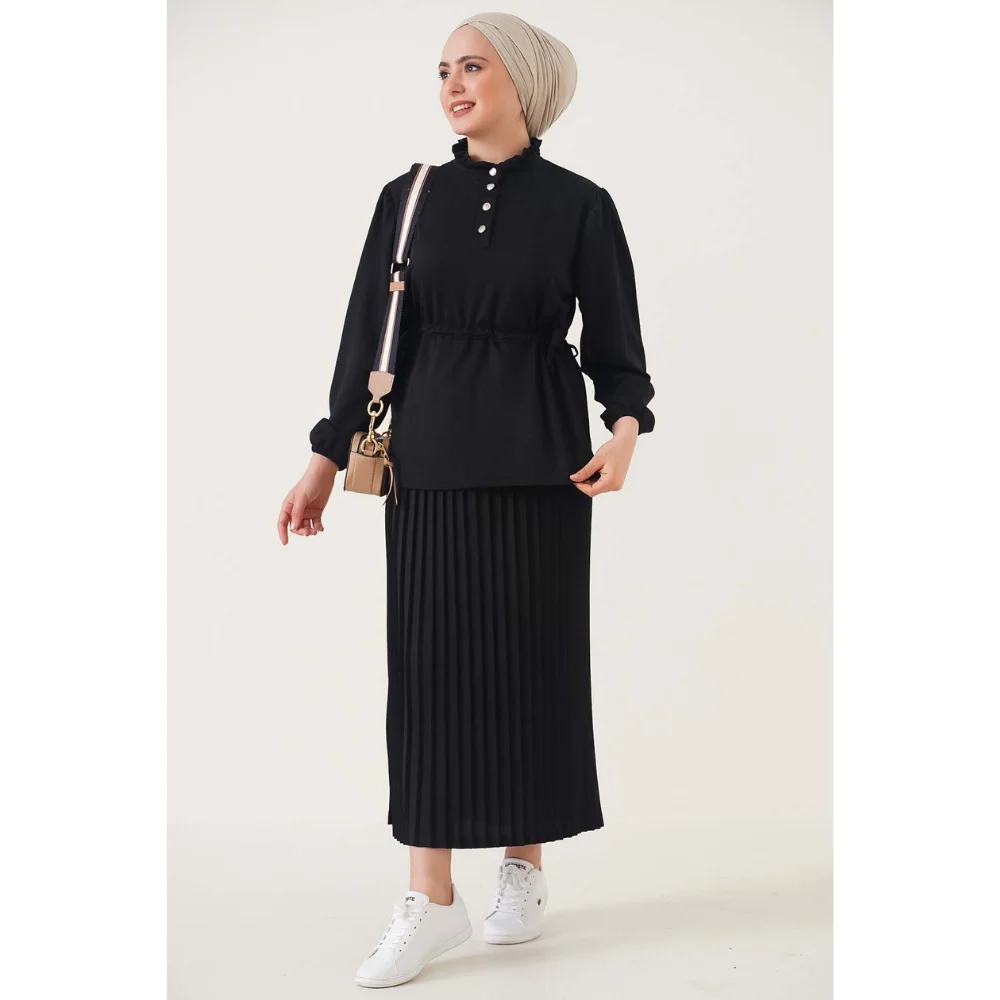 Waist Pleated Double Hijab Suit Trend Moda abaya abayas for women abayas muslim sets jilbab modest clothing muslim dress women e