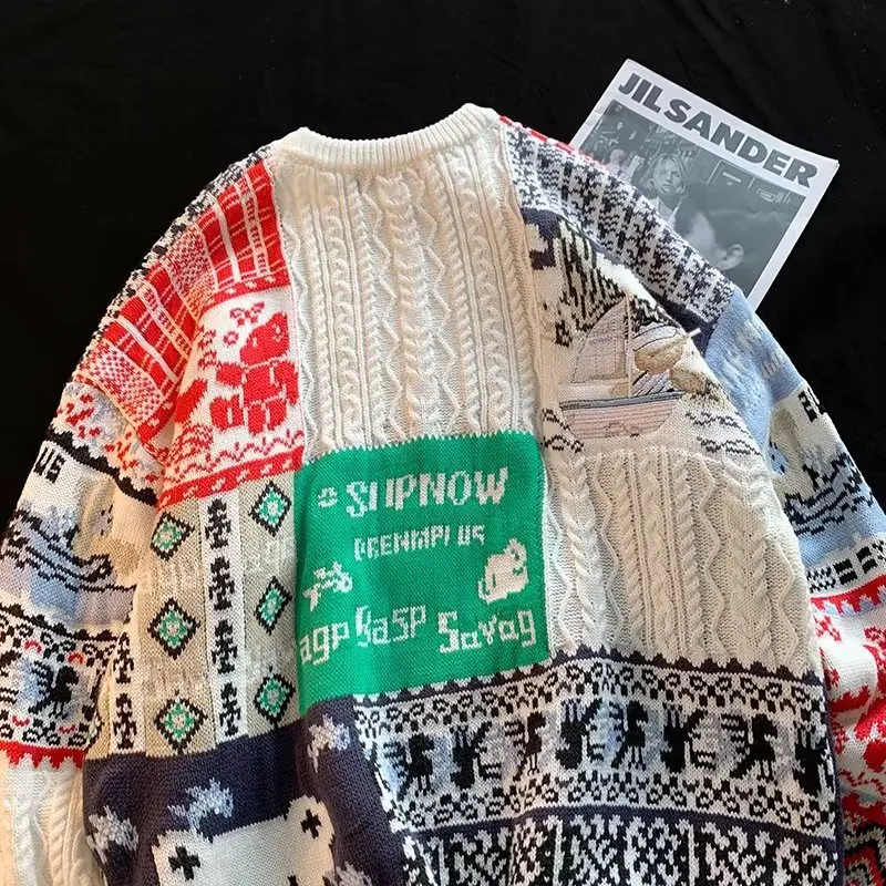 

ALANOS Cute Bear Tops Oversize Men High Street Knitting Tops Autumn Pullover Loose Harajuku Kawaii White Women Couple Sweaters