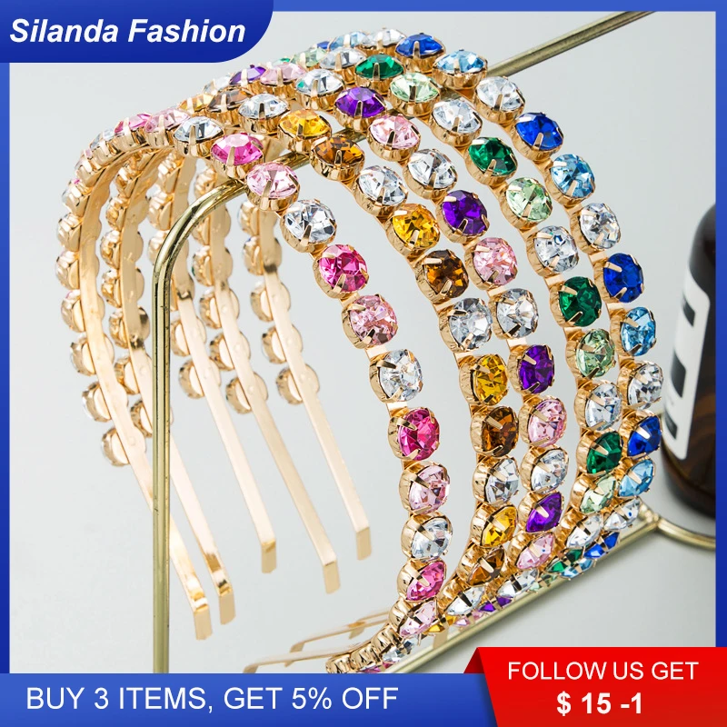 

Silanda Fashion Metallic Headband Trendy Baroque Alloy Colored Rhinestone Inlaid Hair Band Luxury Party Show Gift Hair Ornaments