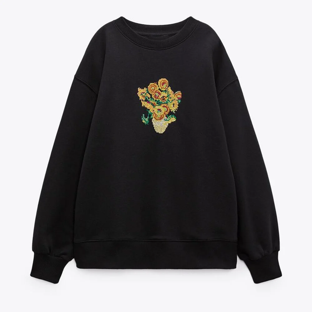 

PB&ZA 2022 Autumn New Women's Commuter All-match Round Neck Long-sleeved "Sunflower" Embroidered Loose Top 1131886