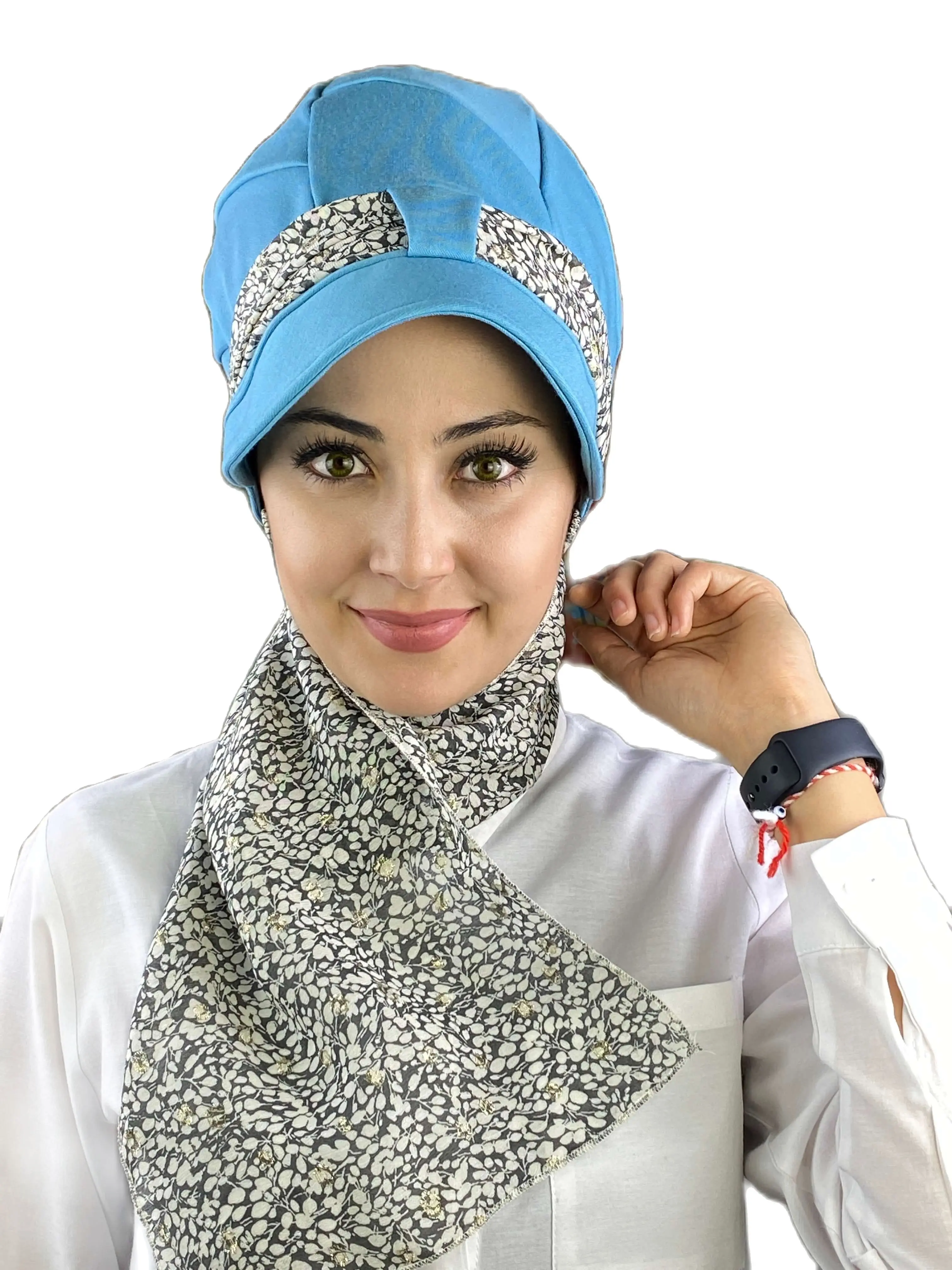 

New Fashion 2022 Summer Hijab Shawl Bonnet Chiffon Cancer Cap Women Light Blue Single Unit Gray Glittery Spotted Foulard Hat