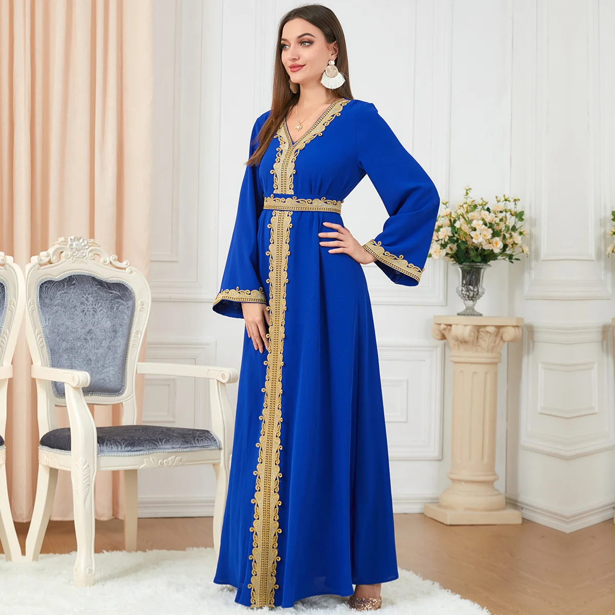 Moroccan Caftan Dubai Turkey Muslim Dress Women Blue Abaya Elegant Lady Islamic Clothing Jelaba Eid Mubarak Djellaba Femme