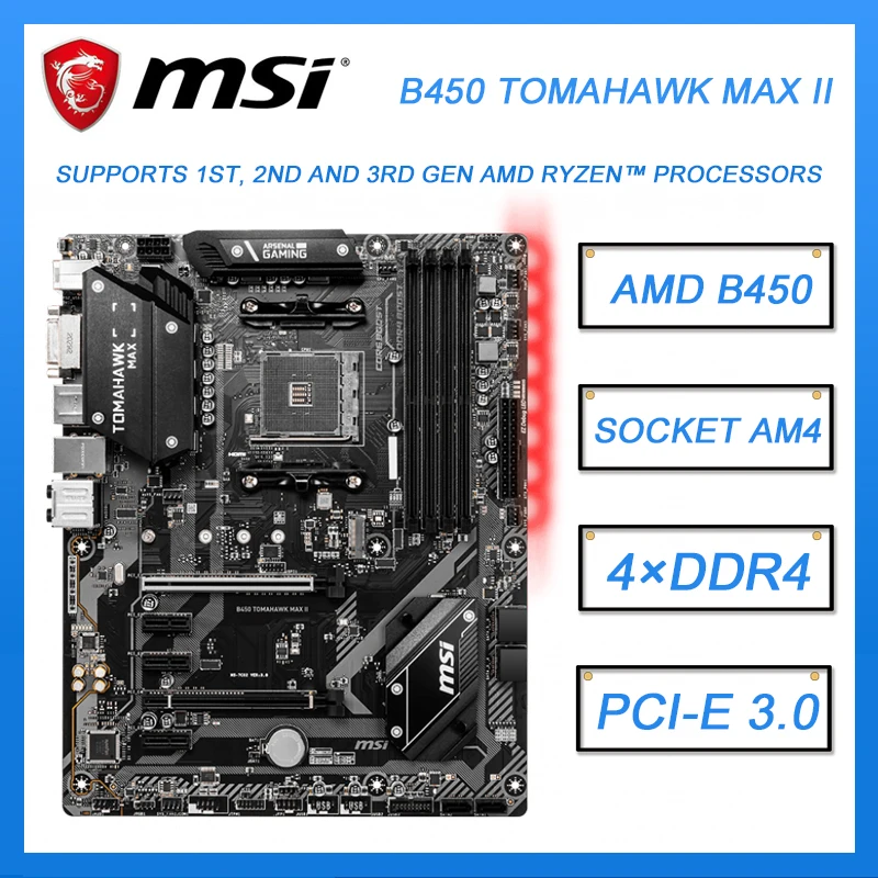 

MSI B450 TOMAHAWK MAX II B450 Motherboard Socket AM4 DDR4 Gaming M.2 USB3.2 64GB PCI-E 3.0 ATX For 1st, 2nd Gen AMD Ryzen
