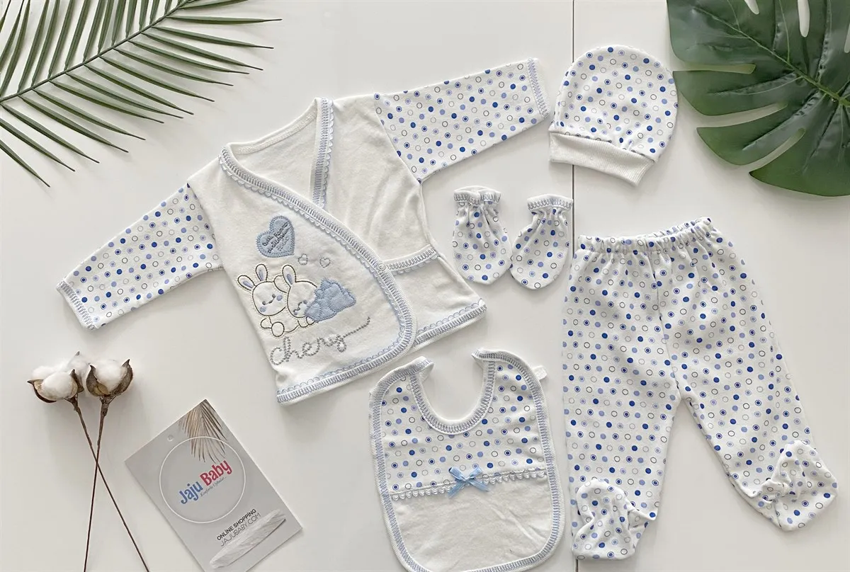 

Jaju Baby Child/Baby 0-3 Months Blue Heart Polka Dot 5 Pieces Newborn Hospital Outlet Set