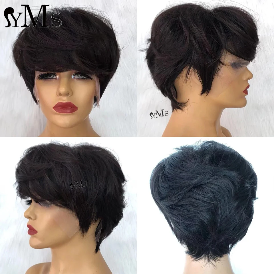 

YMS Short Pixie Cut 13x4 Lace Front Wig For Women With Bangs Natural Wave 13x6 Bob Brazilian Human Hair Layered Wigs Color 1b