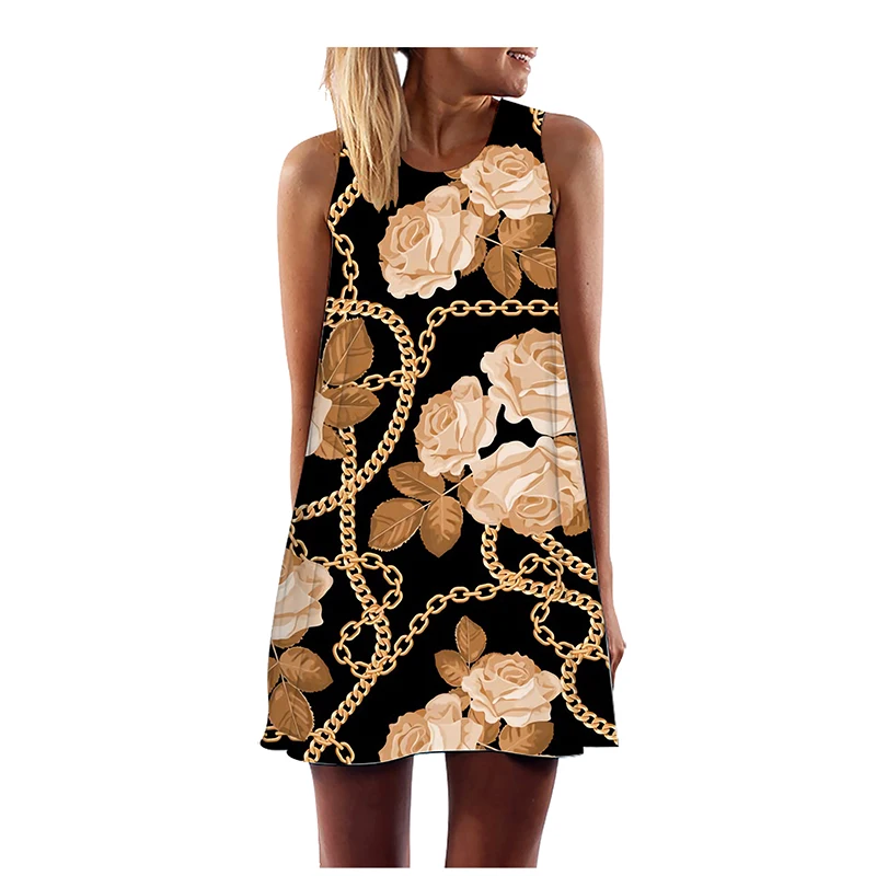 Женский сарафан без рукавов с круглым вырезом летнее свободное платье в стиле