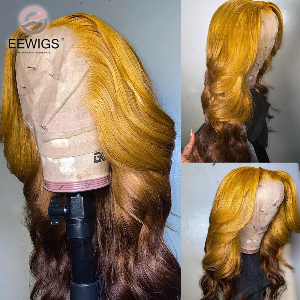 Body Wave Synthetic Yellow Blown Ombre Color 30 Inch 13×4 Transparent Lace Front Wigs For Women Preplucked With Baby Hair Queen