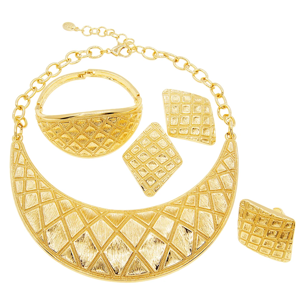 Women Jewelry Set Big Necklace Simple Fashion Grid Design Plated Real Gold Bracelet Rings Daily Wear Italian Style