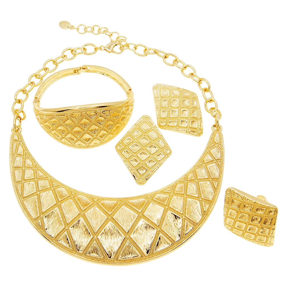 

Women Jewelry Set Big Necklace Simple Fashion Grid Design Plated Real Gold Bracelet Rings Daily Wear Italian Style