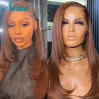 13X6 Lace Front Wig Straight Layered Haircut Chocolate Brown Colored Human Hair Wigs Remy Glueless Transparnt Lace Frontal Wig
