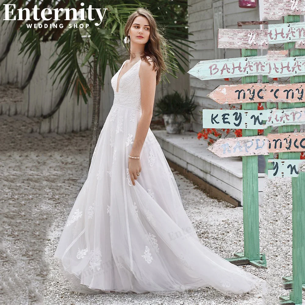 

Bohemian Deep V Neck Wedding Dresses 2022 Sleeveless Lace Appliques Bridal Gowns Backless Boho Sweep Train Vestidos De Novia