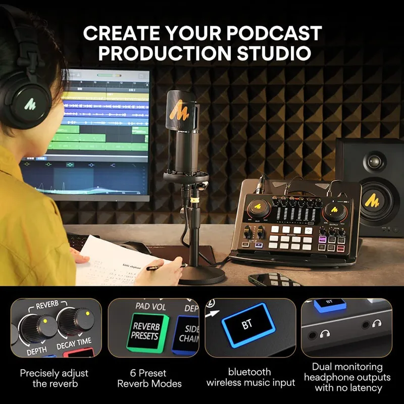 Maono Audio Interface DJ Mixer All in One Portable Podcast Studio for Recording Live Streaming Youtube Guitar PC Sound Card Kit 5