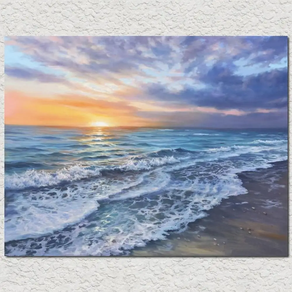 

Large Blue Canvas Art Seascape Sunset Oil Painting 100% Hand Painted Modern Ocean Sea Artwork For Living Room Wall Decor