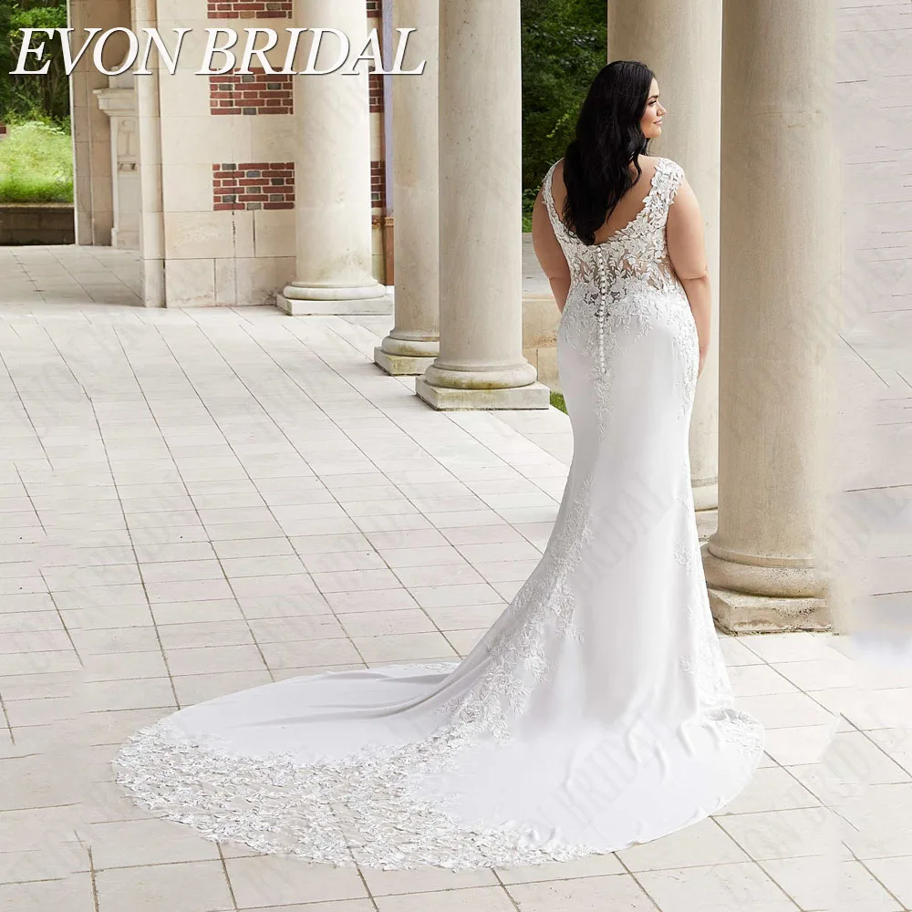 Фото Evon Bridal Свадебное платье большой женщины V - воротничок Русалочка наклейка невеста платье пуговица шляпа рукав черный жилетEVON Свадебное женское платье с V-образным вырезом и аппликацией русалки №2