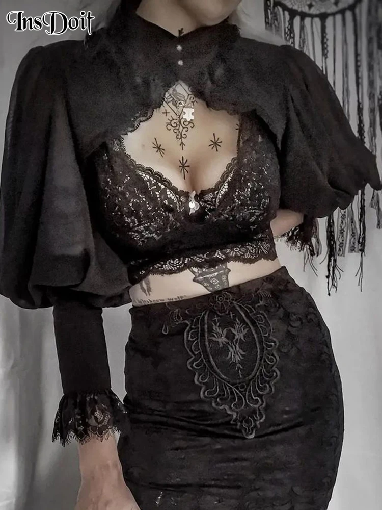 

InsDoit Gothic Lantern Sleeve Smock High Street Sexy Black Winter Long Sleeve Crop Top Aesthetic Fairy Grunge Party Overall