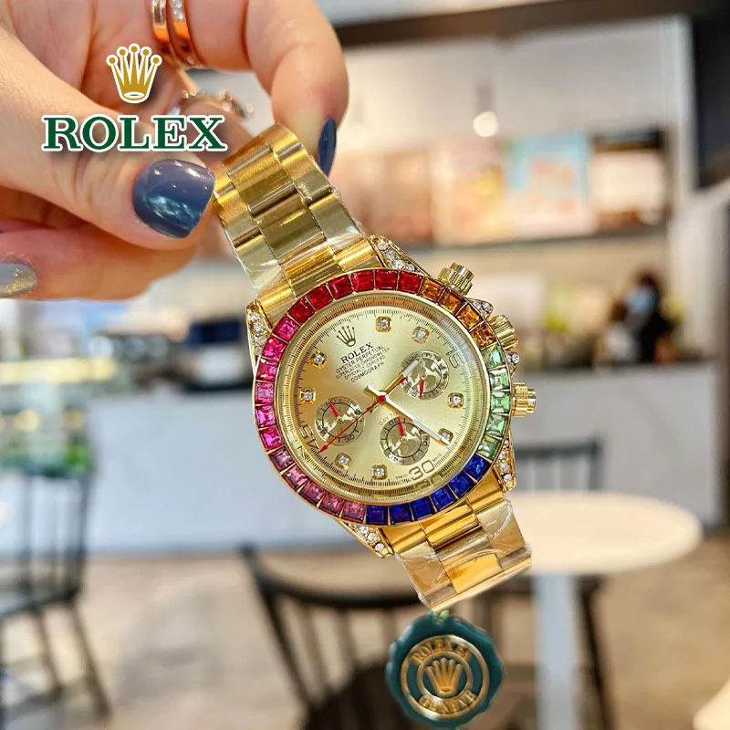 Стильные часы Rolex 2024 новые модные тенденции роскошные кварцевые с радужным