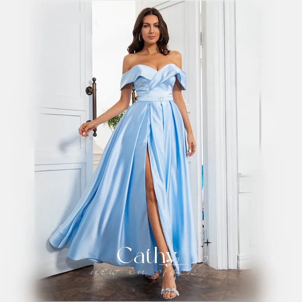 

Cathy Off Shoulder Satin Evening Dresses Long Sexy High Slit Elegant High Waist Prom Dresses Robe Party Vestidos De Fiesta