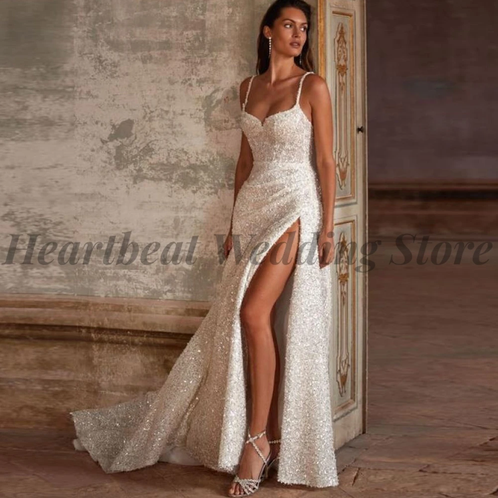 

High Quality 2023 Wedding Dress Spaghetti Straps for Ladies with Lace-Up Court Train Backless Sequins Beads Mermaid Bridal Gowns