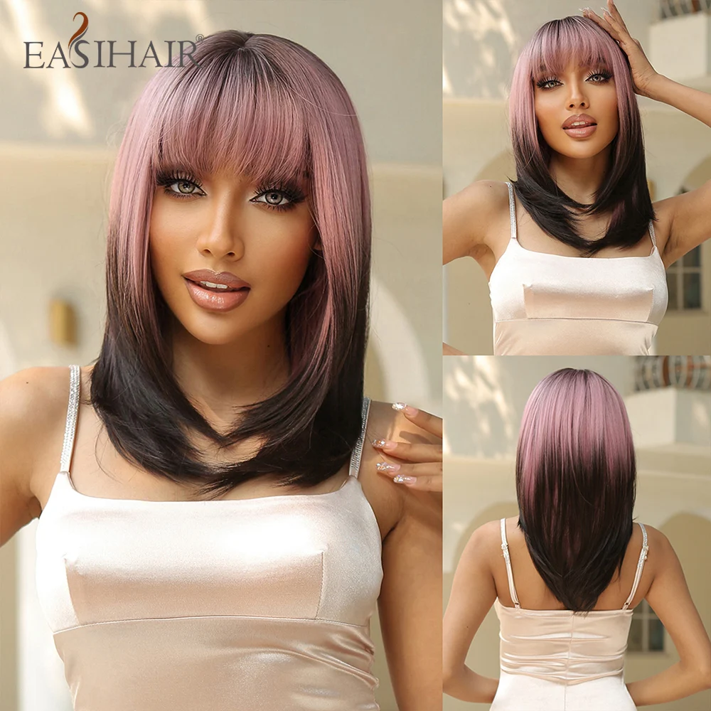 

EASIHAIR Pink to Black Ombre Synthetic Wigs Short Straight Bob Wig for Women with Bangs Cosplay Natural Hair Wig Heat Resistant