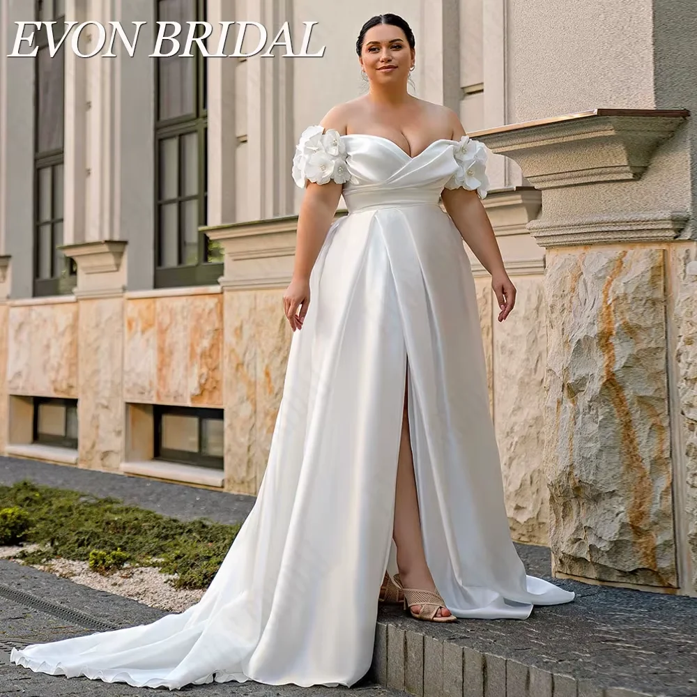 Фото Evon Bridal Сексуальное свадебное платье с увеличенной сатиновой пЖенское атласное платье EVON, сексуальное свадебное платье с открытыми плечами, V-образным вырезом и разрезом сбоку, ТРАПЕЦИЕВИДНОЕ платье невесты, 2019 №1