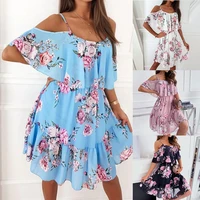 beach holiday dress woman 2022 summer print floral suspenders fashion off shoulder sundress sweet a line mesh ladies clothes