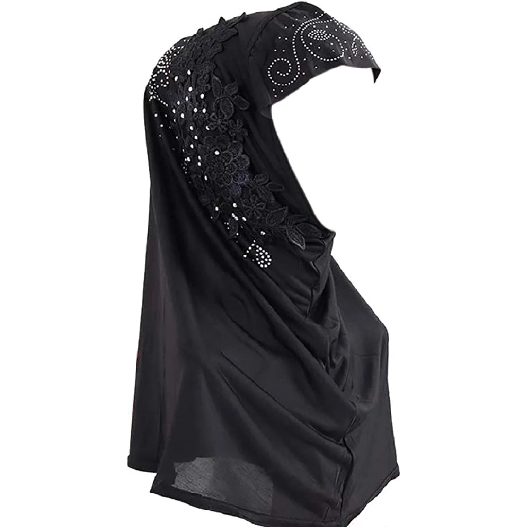 

Muslim Hijab Lace Applique For Women Fashion Embroidery Headscarf With Rhinestone Middle East Arab Malaysia One Piece Turban