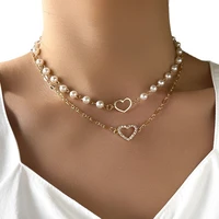 fashion hollow zircon love heart imitation pearl clavicle chain necklace for women exquisite two layer choker necklaces jewelry