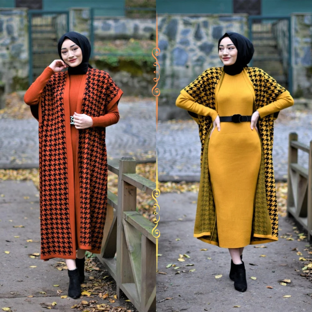 Cotton Knitted Set Dress and Cardigan Winter Women Fashion Elastic Waist Free Size Relax Big Plus Size Muslim Modest Long Dress