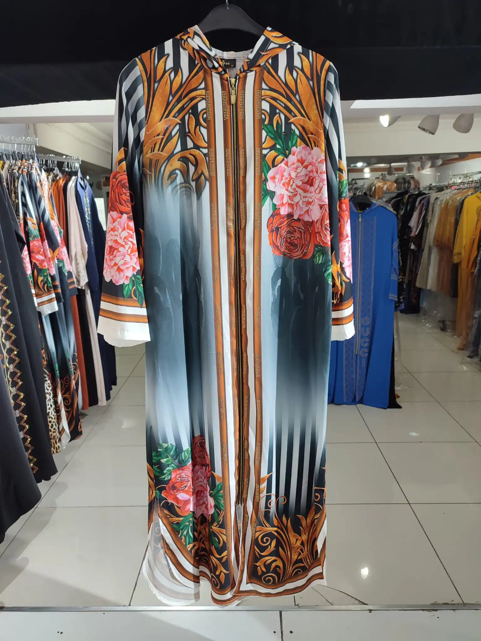 Abaya Digital Maxi Dress Long Printed Muslim Fashion Women Clothing Size 44 46 48 50 Length 145 Cm Fashion Zipper dress