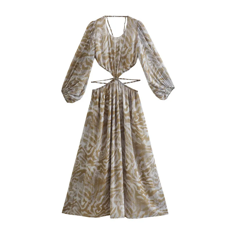 

Women Elegant Print Backless Dress 2022 Summer Boho Long Sleeve Floral Hollow Out Dress Casual Loose Beach Vacation Lady Dresses