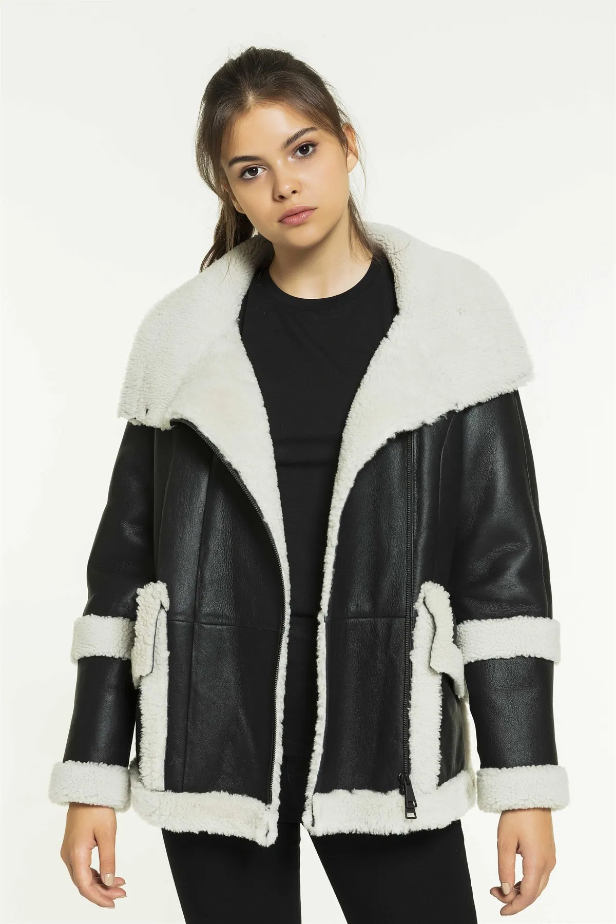 Women's Loose Dark Gray Shearling Leather Jacket Genuine Lambskin Winter Coats Keep Warm New Season Fashion Products Casual Wear