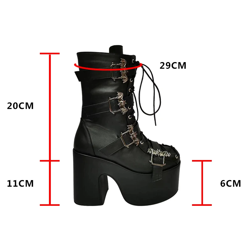ippeum Women Mid Calf Botas Buckle Design Brand Dupe Black Matte Leather Cosplay Doll Shoes Punk Gothic Chunky Platform Boots images - 6