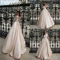 illusion deep o neck satin wedding dresses with bow back vestido de noiva half sleeve floor length champagne bride gowns