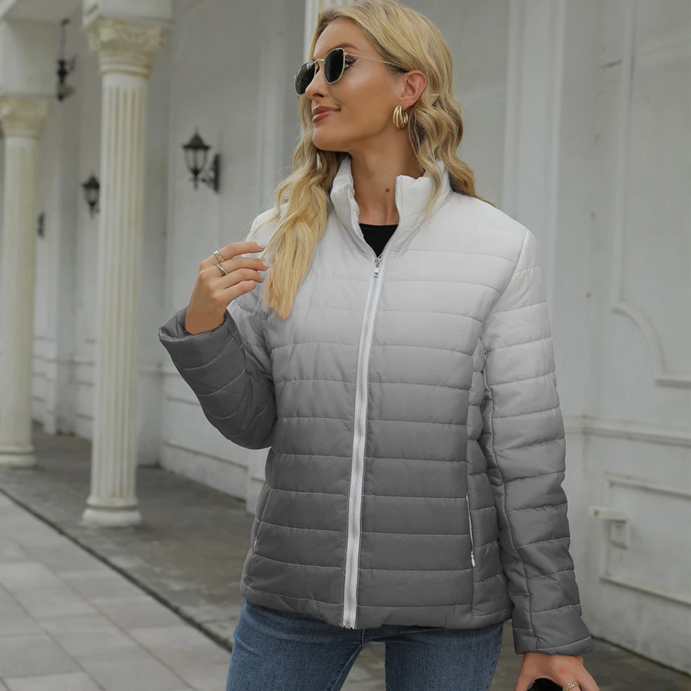 Winter Hot Gradient Color Printing Zipper Stand Collar Women's  Cotton-Padded Jacket Lightweight Warm Not Hooded Down Jacket